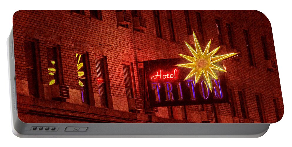 Bonnie Follett Portable Battery Charger featuring the photograph Hotel Triton Neon Sign by Bonnie Follett