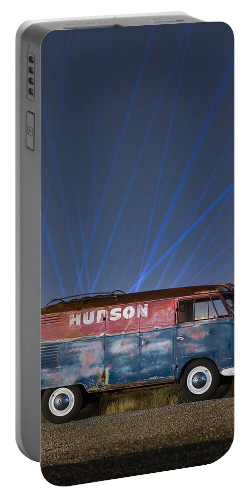Night Portable Battery Charger featuring the photograph Hudson Barndoor VW Bus With Laser Lights by Richard Kimbrough