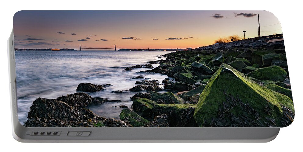 Sunset Portable Battery Charger featuring the photograph Hudson River and Verrazano-Narrows Bridge by Zawhaus Photography