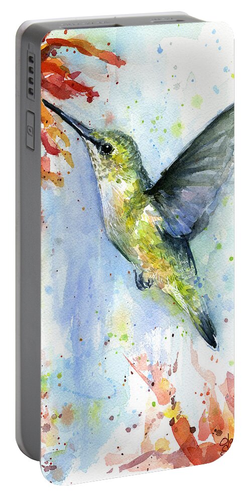 Watercolor Portable Battery Charger featuring the painting Hummingbird and Red Flower Watercolor by Olga Shvartsur