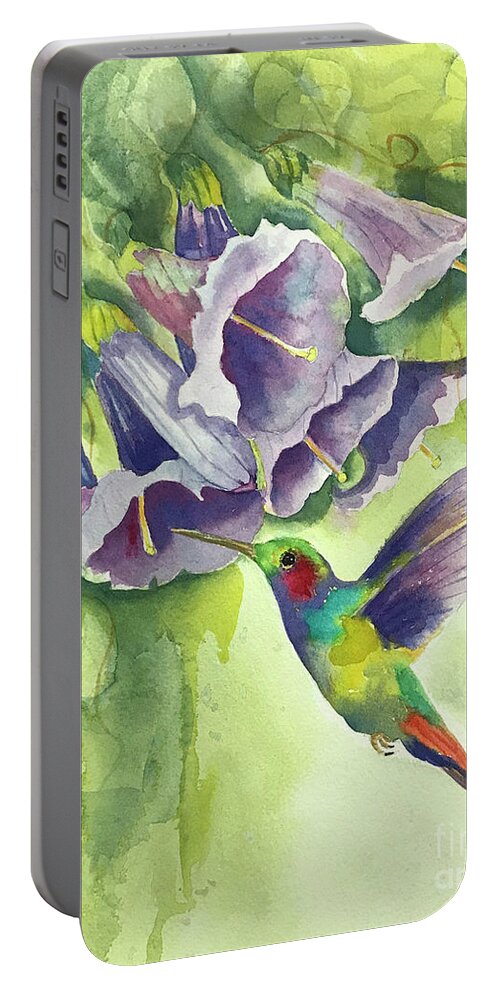 Hummingbird Portable Battery Charger featuring the painting Hummingbird and Trumpets by Hilda Vandergriff