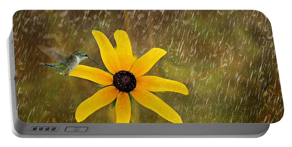 Hummingbird Print Portable Battery Charger featuring the photograph Hummingbird in the Rain by Gwen Gibson