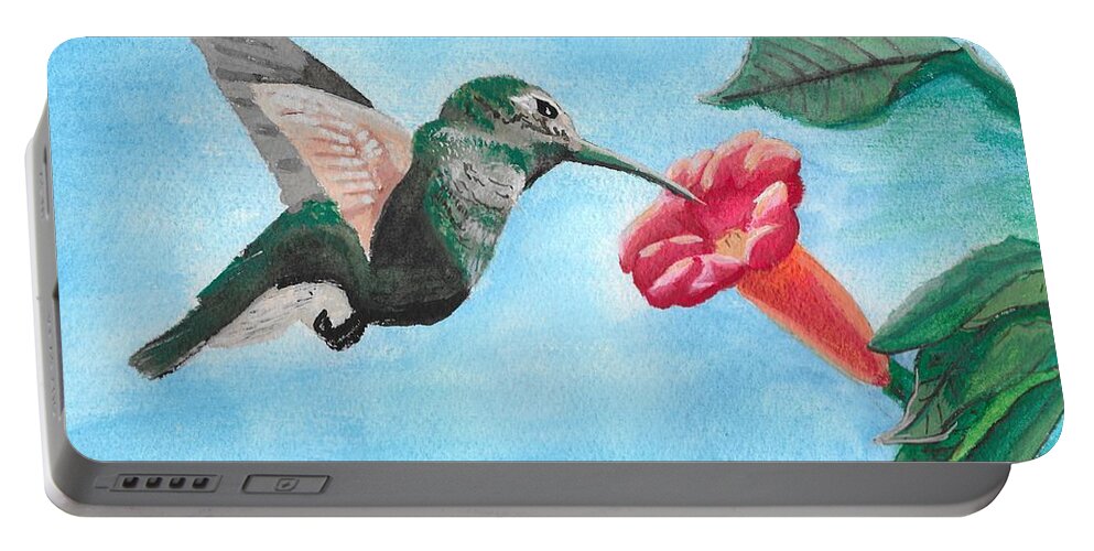 Trumpet Creeper Portable Battery Charger featuring the painting Hummingbird Trumpet by David Bigelow