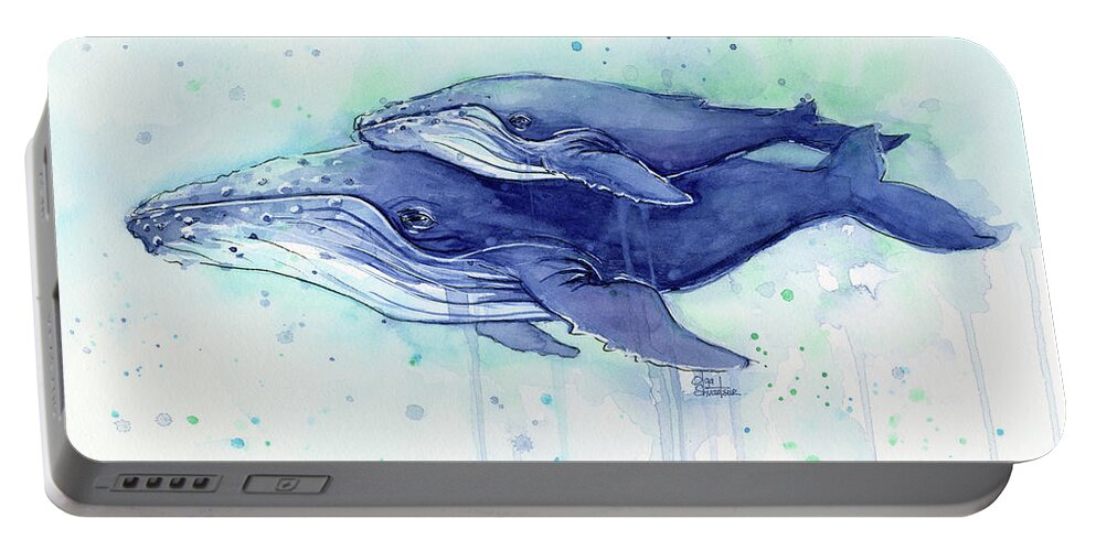 Whale Portable Battery Charger featuring the painting Humpback Whale Mom and Baby Watercolor by Olga Shvartsur