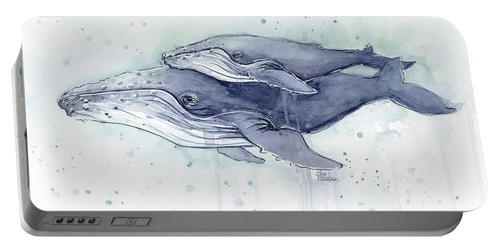 Whale Portable Battery Charger featuring the painting Humpback Whales Painting Watercolor - Grayish Version by Olga Shvartsur