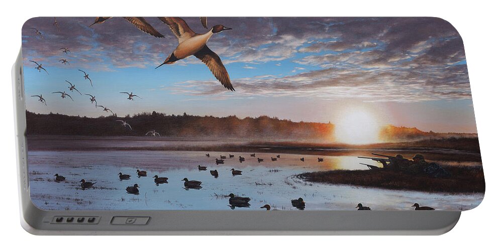 Duck Hunting Portable Battery Charger featuring the painting Humphrey Farm Pintails by Glenn Pollard