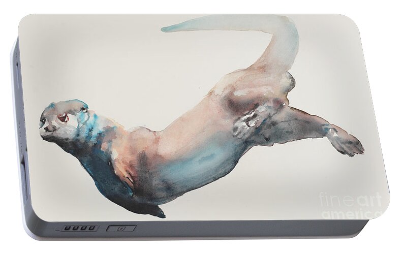 Otter Portable Battery Charger featuring the painting Hunting in the Deep by Mark Adlington