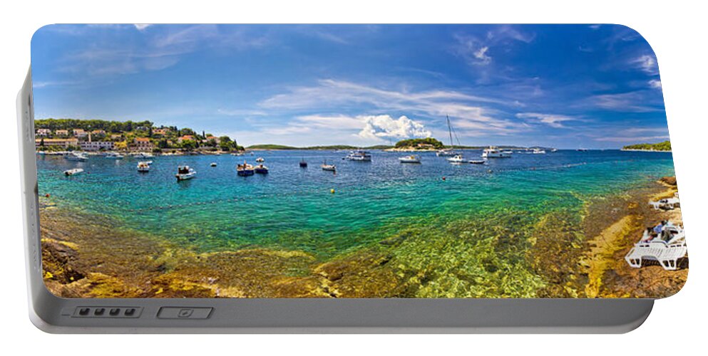 Hvar Portable Battery Charger featuring the photograph Hvar yachting beach panoramic view by Brch Photography