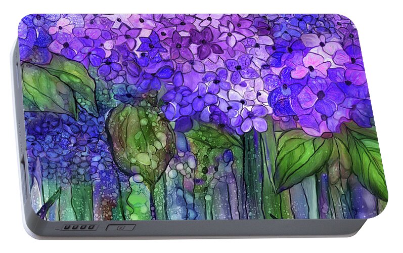 Carol Cavalaris Portable Battery Charger featuring the mixed media Hydrangea Bloomies 4 - Purple by Carol Cavalaris
