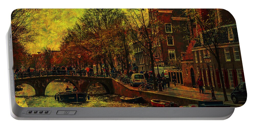 Amsterdam Portable Battery Charger featuring the photograph I Amsterdam. Vintage Amsterdam In Golden Light by Jenny Rainbow 