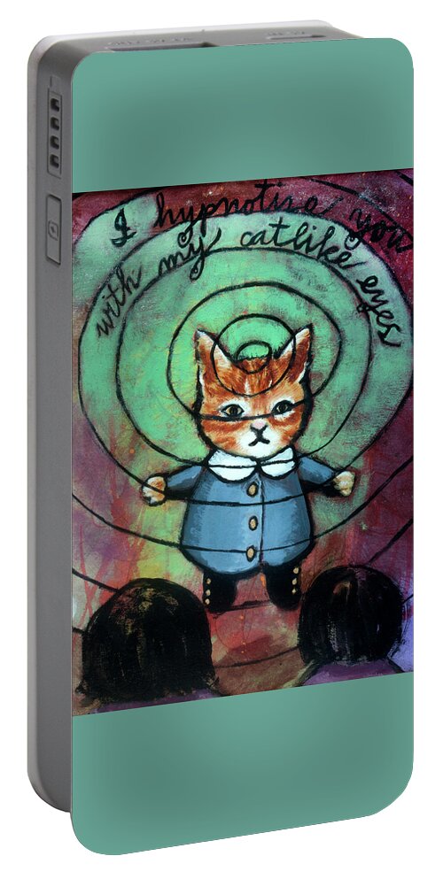 Cat Portable Battery Charger featuring the painting I Hypnotize You With My Catlike Eyes by Pauline Lim