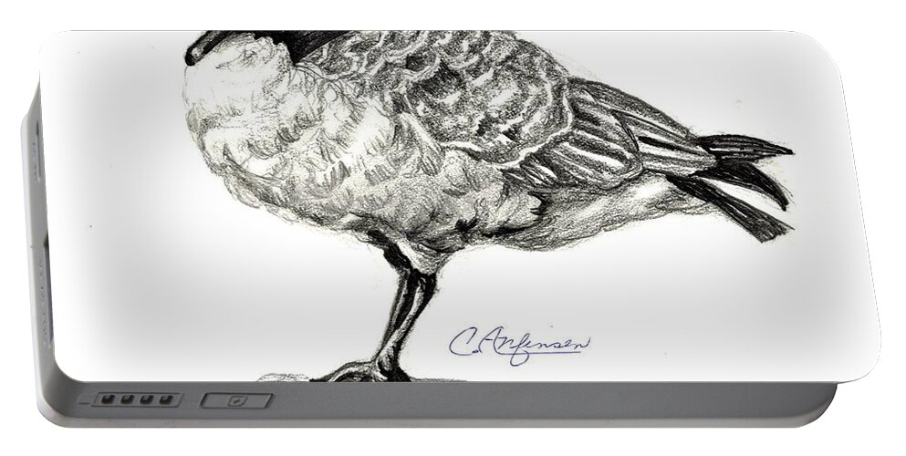 Canadian Goose Portable Battery Charger featuring the drawing I stand on the brink by Carol Allen Anfinsen
