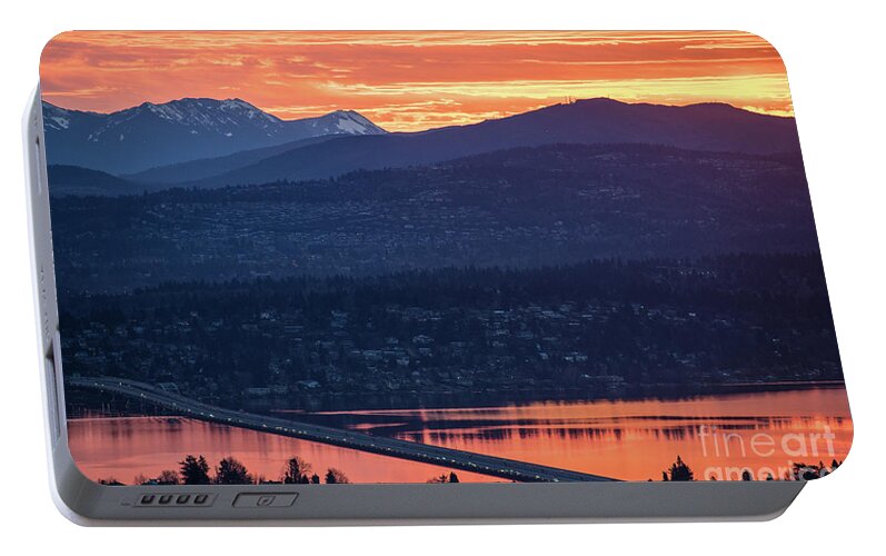 Bellevue Portable Battery Charger featuring the photograph I90 Eastside Sunrise Fire by Mike Reid