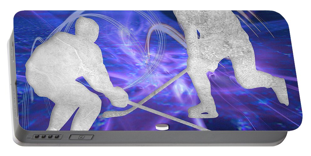 Hockey Portable Battery Charger featuring the painting Ice Hockey Players Fighting for the Puck by Elaine Plesser