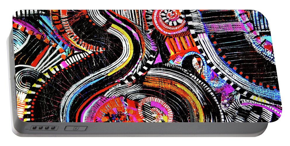 Channeling My Inner Aboriginal Artist .this Amusement Park Ride Of An Abstract Grabs Your Attention As Your Brain Attempts To Make Sense Of What It Sees .give Up Now .its All Just For Fun .black Dominate Hot Colors Accent Throughout. Portable Battery Charger featuring the painting I'll cross that bridge when i come to it by Priscilla Batzell Expressionist Art Studio Gallery