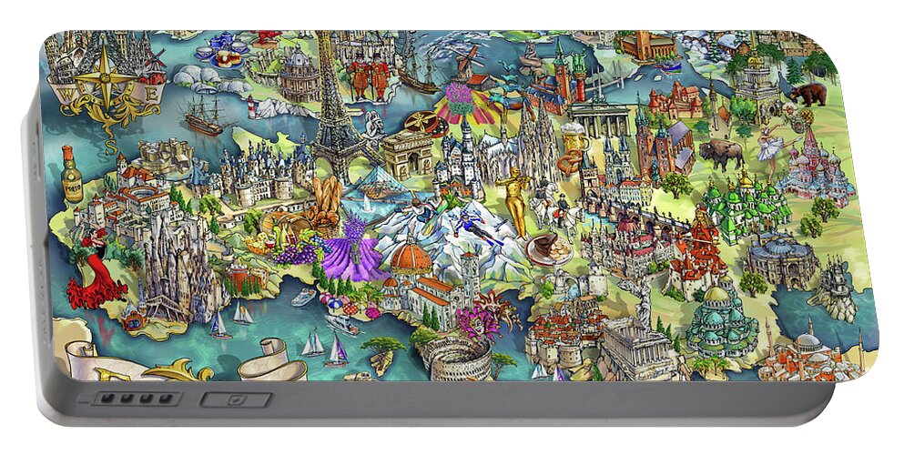 Europe Portable Battery Charger featuring the painting Illustrated Map of Europe by Maria Rabinky