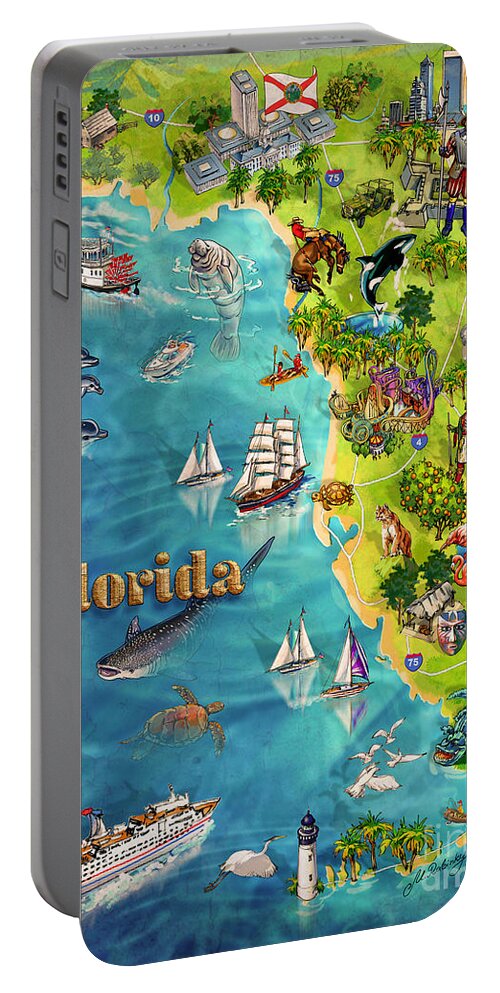 Castillo De San Marcos National Monument Portable Battery Charger featuring the painting Illustrated Map of Florida by Maria Rabinky