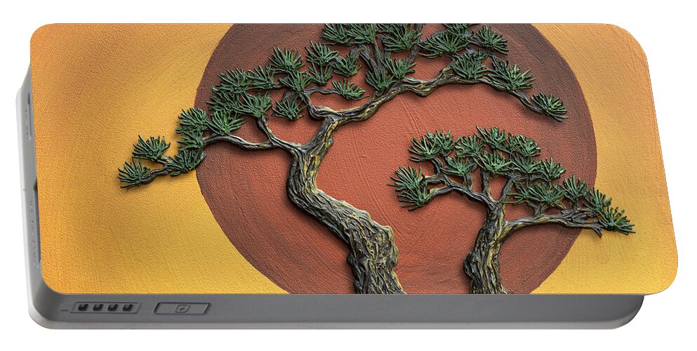 Impasto Portable Battery Charger featuring the painting Impasto - Bonsai with Sun - One by Lori Grimmett