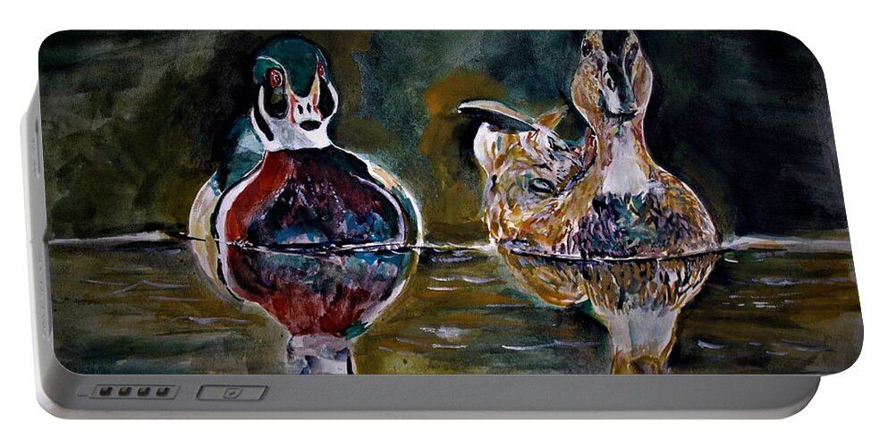 Bird Portable Battery Charger featuring the painting In a walk by Khalid Saeed
