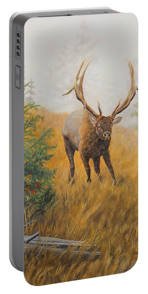 North American Wildlife Portable Battery Charger featuring the painting In Pursuit - Elk by Johanna Lerwick