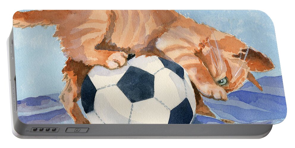 Cat Feline Kitten Pet Play Ball Soccer Training Olympics Games Portable Battery Charger featuring the painting In Training by Marsha Elliott