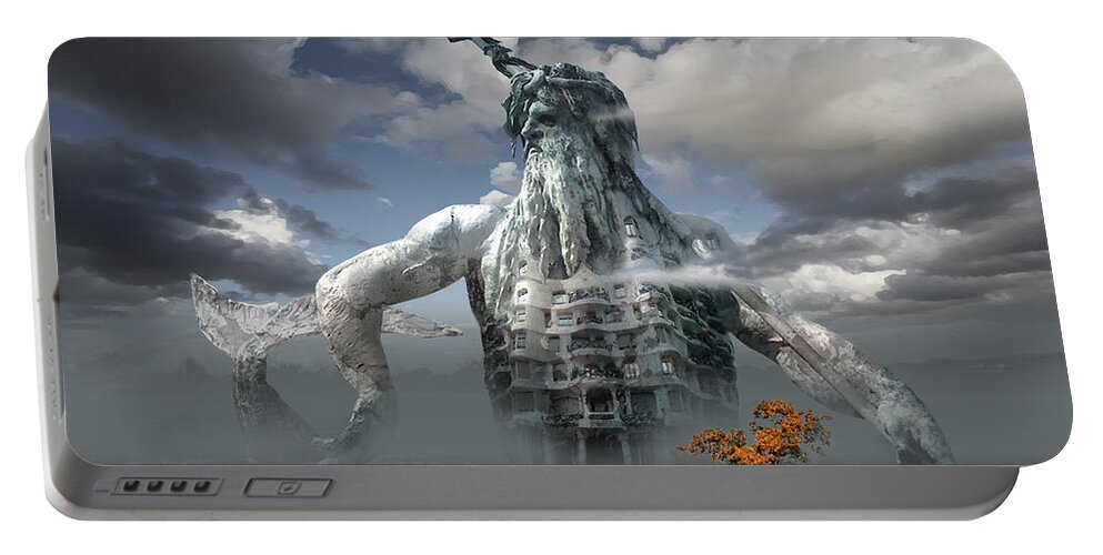 Poseidon God Greek Roman Sculpture Antonio Gaudi Modernism Contemporary Surrealism Building Allegorical Portable Battery Charger featuring the digital art Inadvertent Metamorphosis or King of my Castle by George Grie