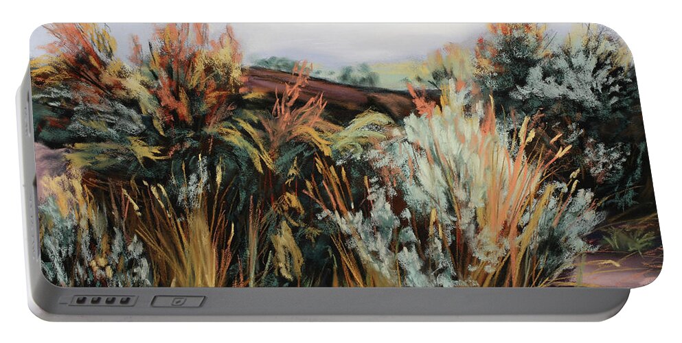 Sagebrush Portable Battery Charger featuring the painting Incoming Fog by Sandi Snead