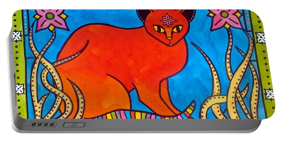 Whimsical Animals Portable Battery Charger featuring the painting Indian cat with Lilies by Dora Hathazi Mendes