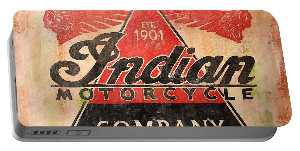 Signs Portable Battery Charger featuring the painting Indian Motorcycles Sign by Karl Wagner