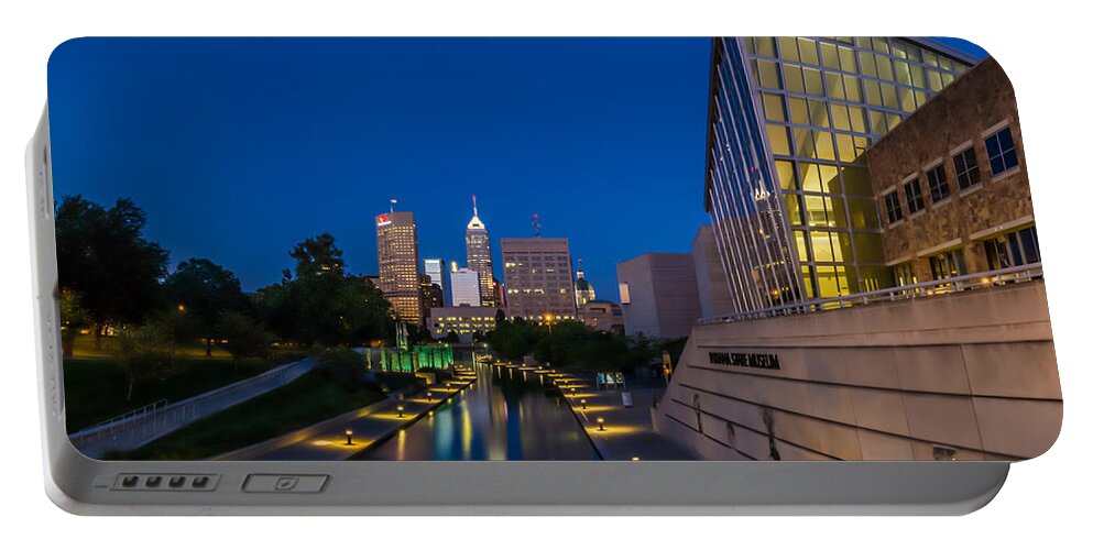 Art Portable Battery Charger featuring the photograph Indianapolis Skyline from the Canal at Night by Ron Pate