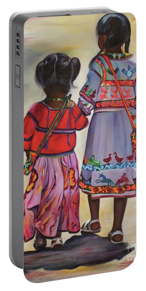 Native Portable Battery Charger featuring the painting Indigenous Sisters - Nayarit by Barbara Rivera