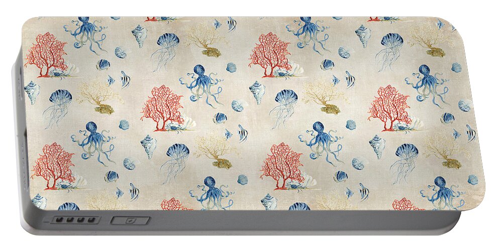 Octopus Portable Battery Charger featuring the painting Indigo Ocean - Red Coral Octopus Half Drop Pattern Small by Audrey Jeanne Roberts