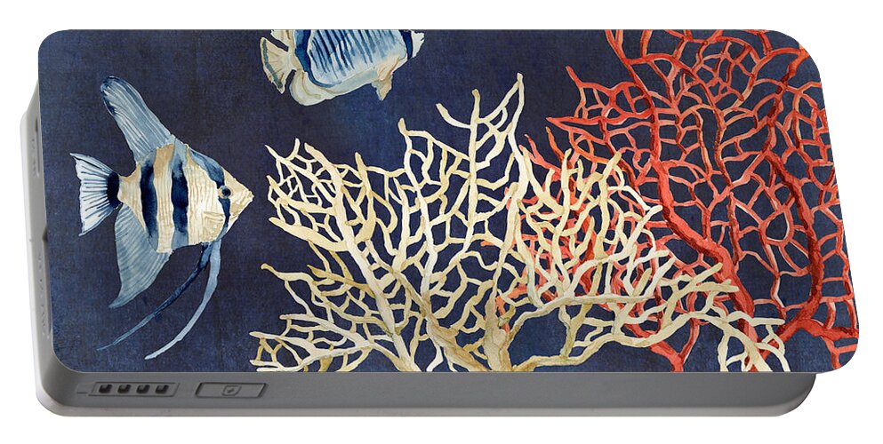 Red Fan Coral Portable Battery Charger featuring the painting Indigo Ocean - Silence of the Deep by Audrey Jeanne Roberts