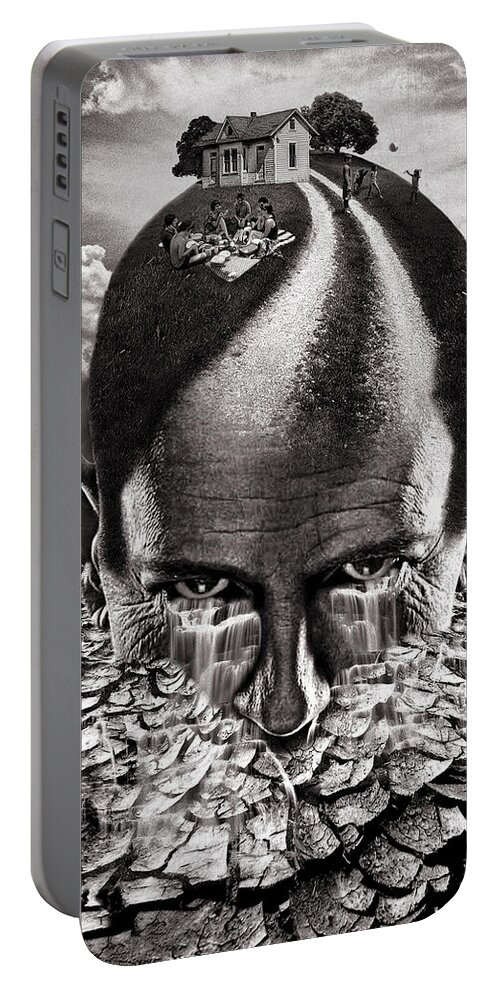 Head Portable Battery Charger featuring the digital art Inhabited Head gray scale by Marian Voicu