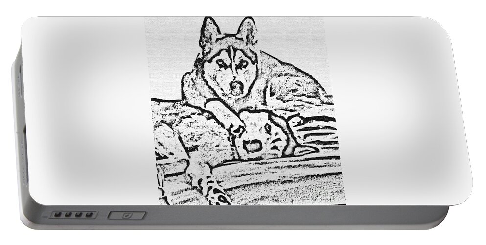 Abstract Portable Battery Charger featuring the painting Ink Drawing Huskies by Mas Art Studio