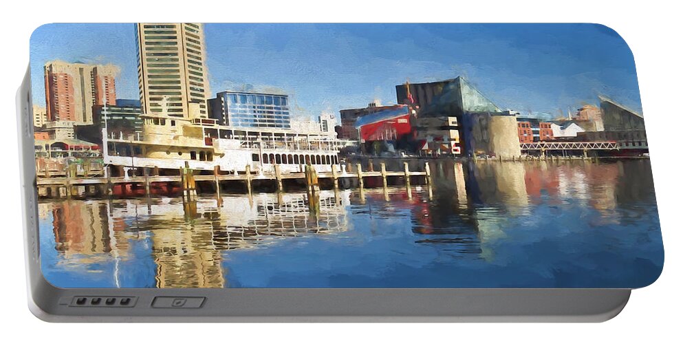 Baltimore Inner Harbor Portable Battery Charger featuring the painting Inner Harbor Reflections by Kerri Farley