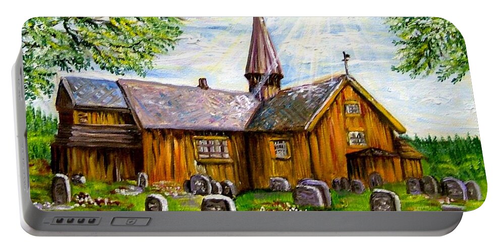 Norway Portable Battery Charger featuring the painting Innset Kirke -- Norway by Carol Allen Anfinsen
