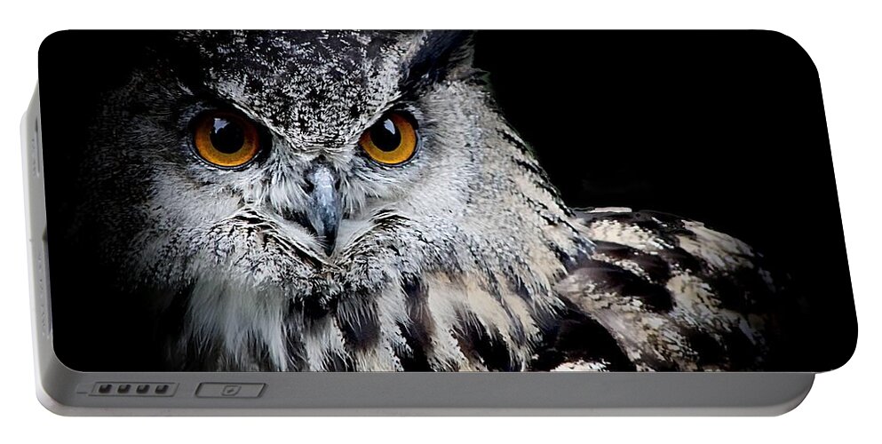 Eagle Owl Portable Battery Charger featuring the photograph Intensity by Clare Bevan