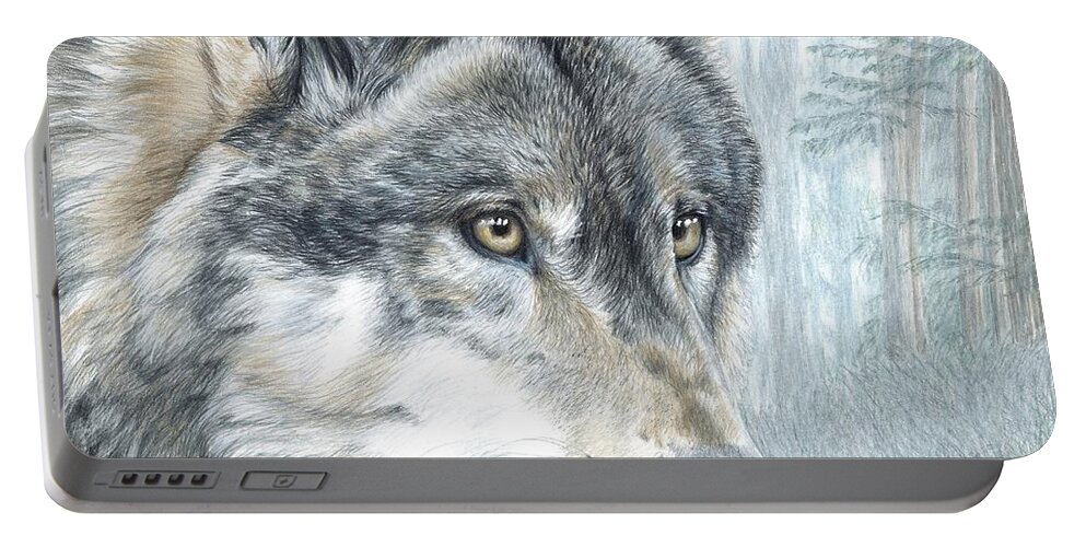 Wolf Portable Battery Charger featuring the drawing Intent Eyes by Carla Kurt