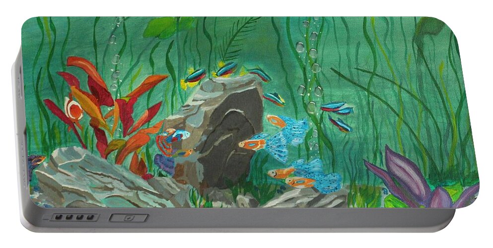 Fish Portable Battery Charger featuring the painting Iridescent Aquarium by David Bigelow