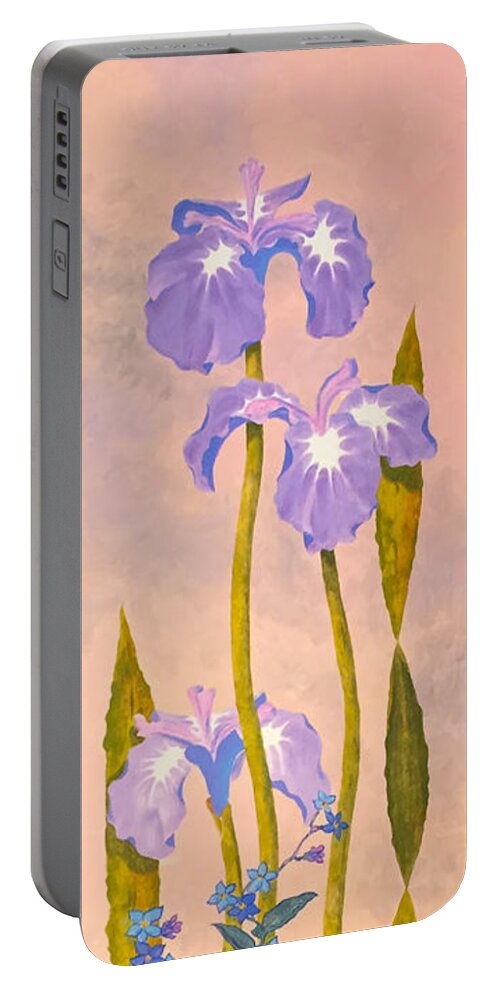 Iris And Forgetmenots Portable Battery Charger featuring the painting Iris and Forgetmenots by Teresa Ascone