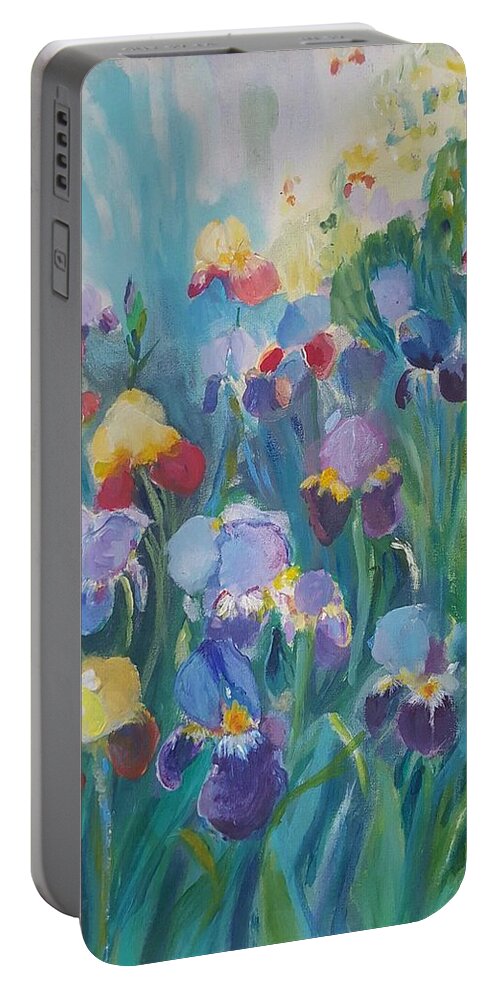 Iris Portable Battery Charger featuring the painting Iris Garden by Cheryl LaBahn Simeone