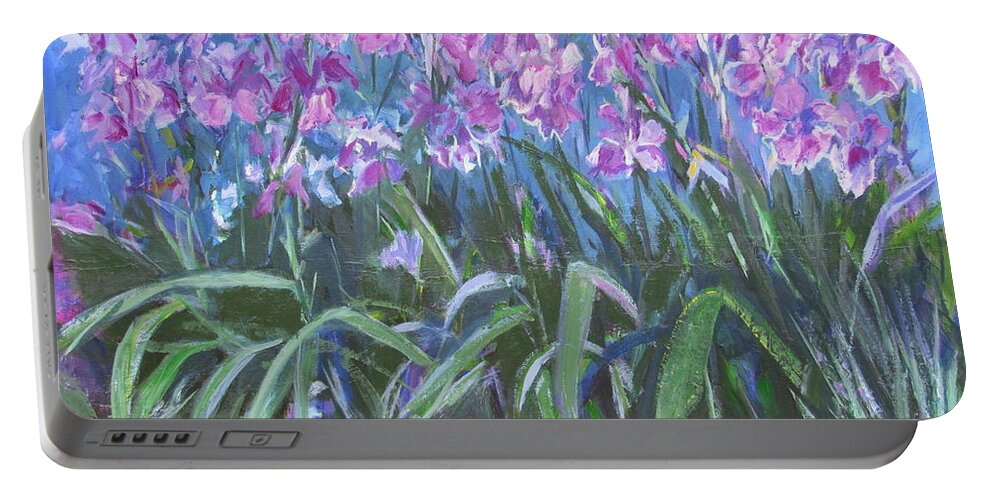 Masses Of Irises Portable Battery Charger featuring the painting Irises en Mass by Betty Pieper