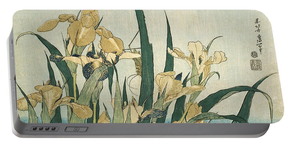 Japan Portable Battery Charger featuring the painting Irises with a Grasshopper by Hokusai