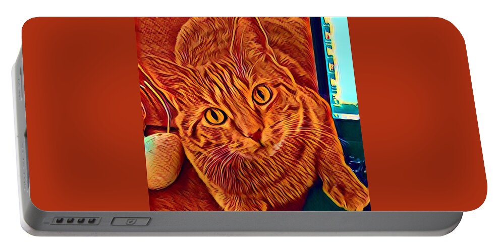 Ginger Cat Portable Battery Charger featuring the digital art Is There a Mouse in the House? by Gina Callaghan