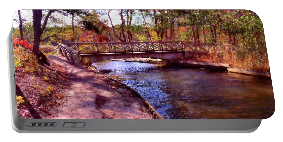 Autumn Portable Battery Charger featuring the mixed media Island Bridge in Autumn by Stacie Siemsen