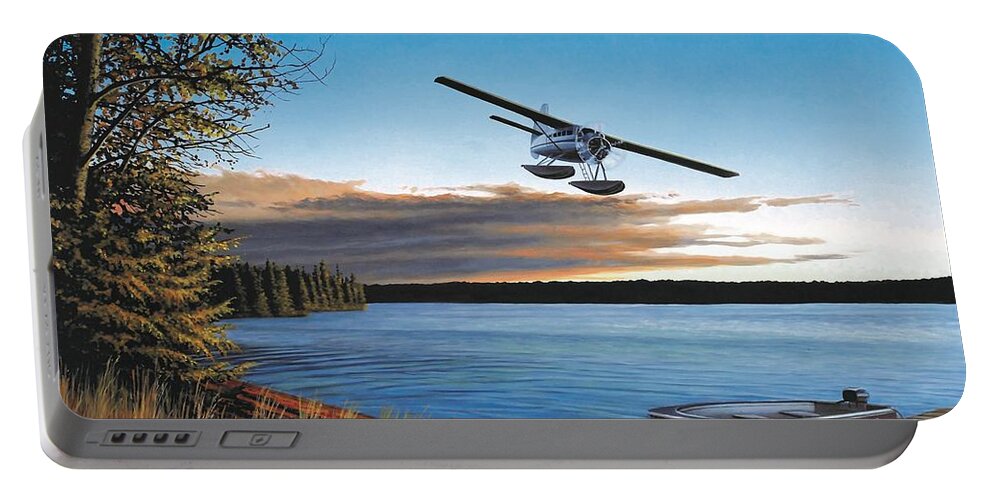 Plane Portable Battery Charger featuring the painting Island Fly By by Anthony J Padgett