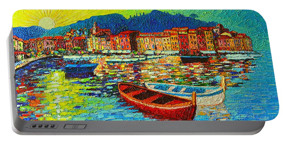 Portofino Portable Battery Charger featuring the painting Italy Portofino Harbor Sunrise Modern Impressionist Palette Knife Oil Painting By Ana Maria Edulescu by Ana Maria Edulescu