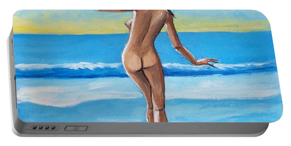 Sea Portable Battery Charger featuring the painting It's cold by Jean Pierre Bergoeing