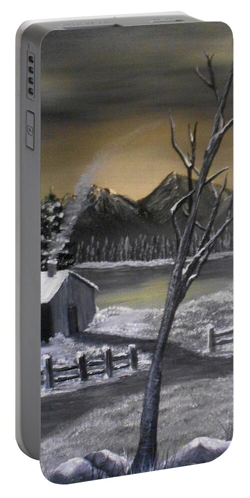 Landscape Portable Battery Charger featuring the painting It's Cold Outside by Sheri Keith